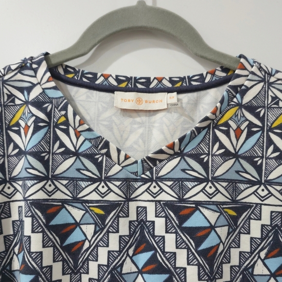 TORY BURCH Multi-color Geometric Short Sleeve Vneck Raw Hem Crop Top, Size S - Picture 3 of 11